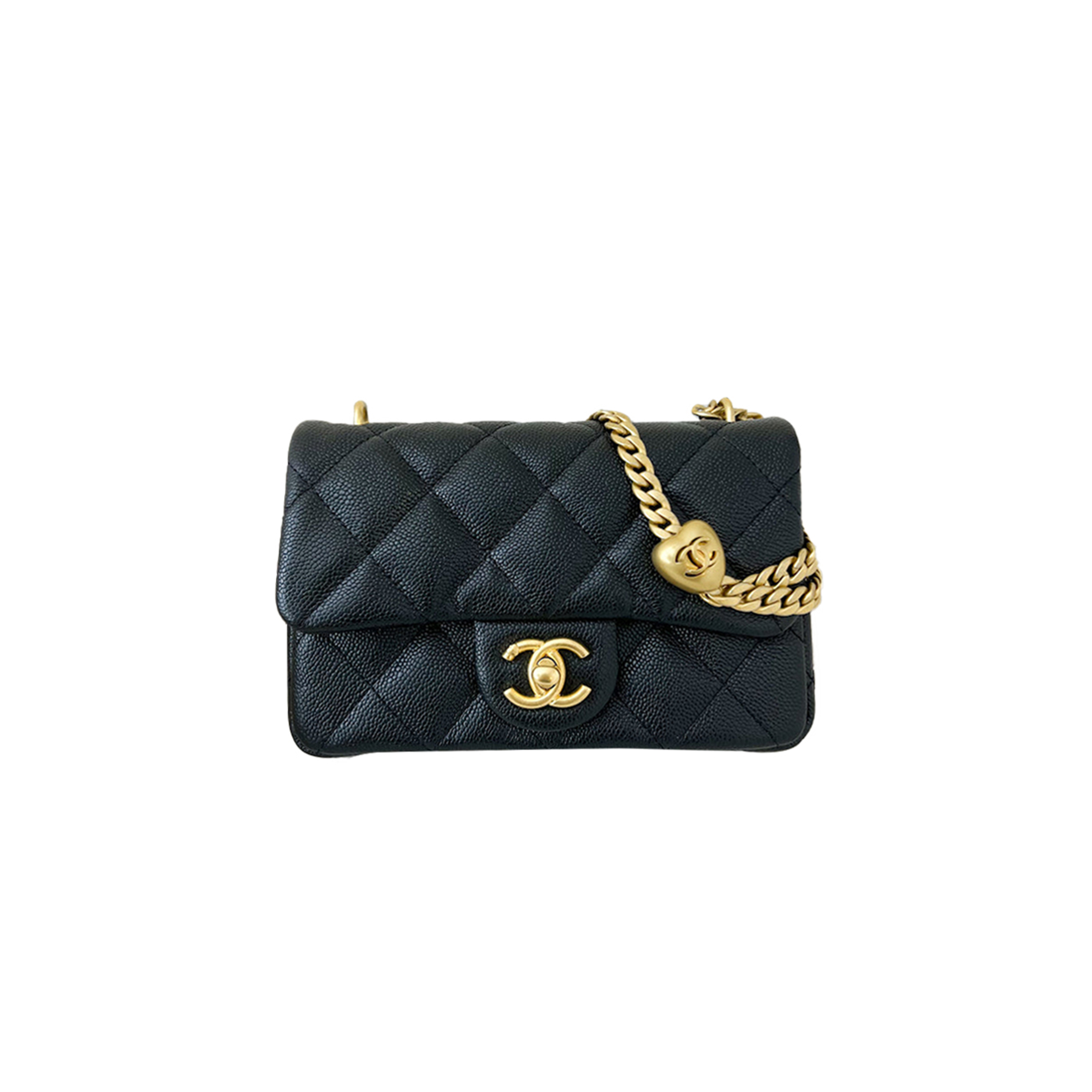 CHANEL MASTER 23P HEART ADJUSTABLE CHAIN MINI FLAP BAG IN BLACK CAVIAR (19*13*5cm) 